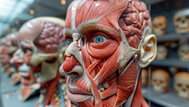 facial muscles, including the internal and external muscles on display.