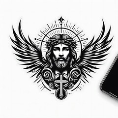 A drawing of a jesus christ with wings and a cross image art realistic harmony card design illustrator.