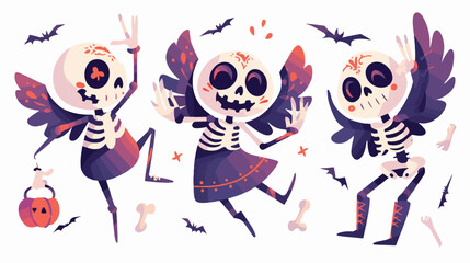Cheerful skeleton dancing and jumping with hands up