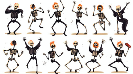 Cheerful skeleton in different poses dancing and ju