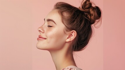 Slavic girl with a hair bun and perfect glowing skin skincare happily smiling in half profile on light neutral pastel pink background