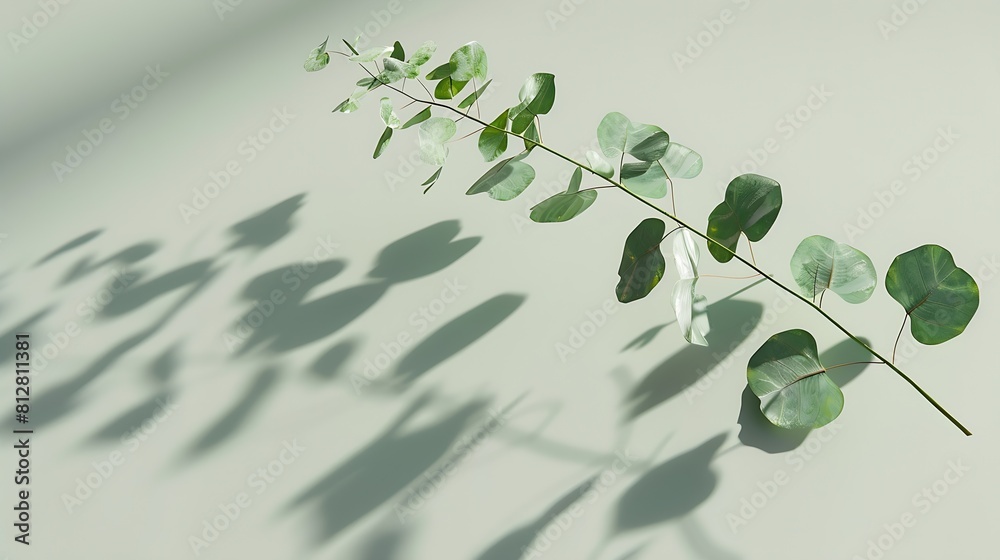 Poster green eucalyptus branch with shadows on empty light grey background backdrop for natural product pre