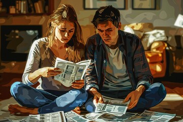 Fototapeta premium Two People Engrossed in Reading Newspaper
