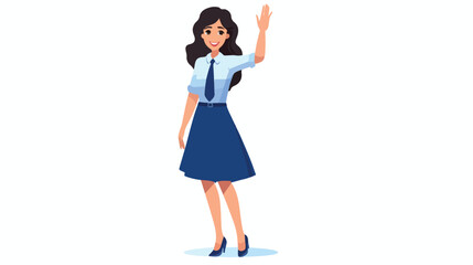 Cheerful young woman in blue skirt waving hand stan