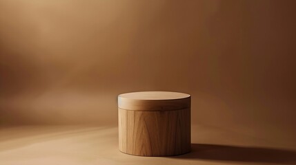 Cylinder shape wooden podium for food products jewellery or cosmetics against bright brown background : Generative AI