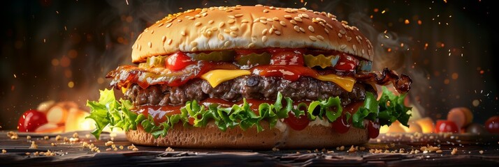 A classic hamburger engulfed in flames, depicted on a street banner