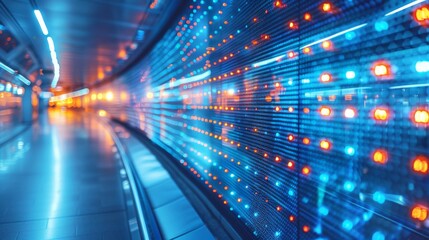 A long hallway with bright lights and a lot of people, AI