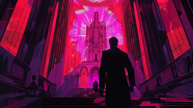 Art Deco A glamorous and geometric exorcism scene with the priest and possessed individual depicted in sharp lines and angular forms, set against an art deco backdrop