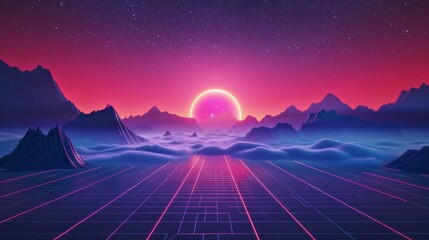 Digital sunset with glowing pathway and futuristic terrain. Retro-futurism style artwork.