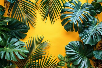 Creative layout made of tropical leaves on yellow background