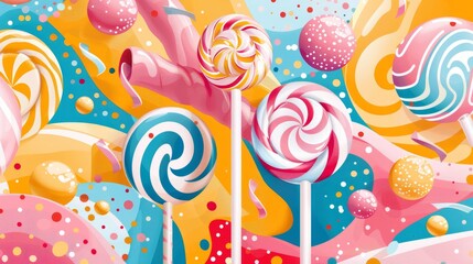 Candy and structured patterns converge in a lively, colorful artwork