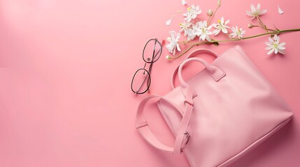 Top view photo of womans day composition pink leather handbag soft textile stylish glasses and white prairie gentian flower buds on isolated pastel pink background with empty space : Generative AI