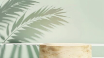 Abstract minimal scene of a geometrical form A cylindrical wooden podium on a pastel green background with a shadow of tropical palm leaves Scene to show cosmetic podructs Showcase dis : Generative AI