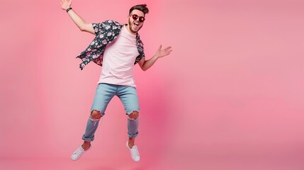 Full body photo of cheerful young happy man dance wear sunglass vacation summer isolated on pink color background : Generative AI