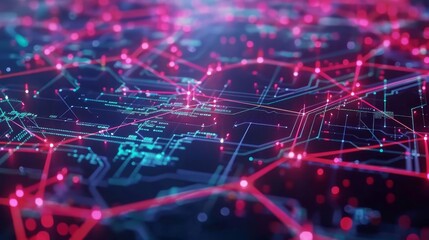 Compliance audit trails visualized on a network map, top view  Network compliance auditing with a futuristic tone and a Complementary Color Scheme