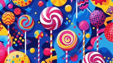 Candy and structured patterns converge in a lively, colorful artwork