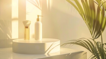 Background for presentation of cosmetic Natural round podium for bathing products in bathroom spa shampoo shower gel liquid soap Place background for cosmetics Front view Copy space : Generative AI