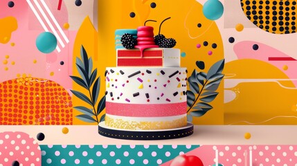 Cake and structured patterns converge in a lively, colorful artwork