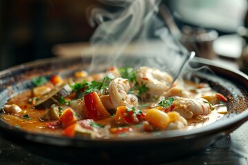 A bowl of soup with shrimp and vegetables is steaming