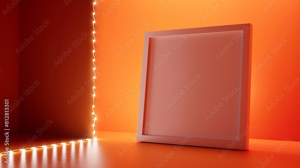 Poster White empty frame in orange solid color studio scene white lights Halloween background Product display mockup design : Generative AI