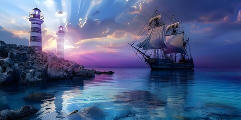 Spectacular D digital artwork featuring a medieval fantasy ship passing by coastal lighthouses. Concept Fantasy, Medieval Ship, Coastal Lighthouses, Digital Artwork, 3D Illustration