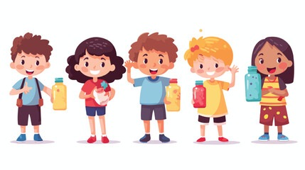 Children boys and girls drinking water milk soda an