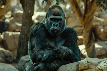 Portrait of a gorilla sitting on a rock in a zoo