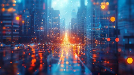 A city street with lights and raindrops on the road, AI