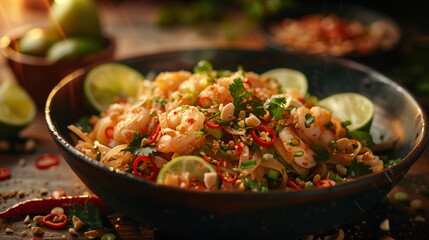A bowl of delicious Thai food set on a wooden table, illuminated by warm evening light