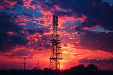 Naklejka premium Vibrant Sunset with Tower Silhouette