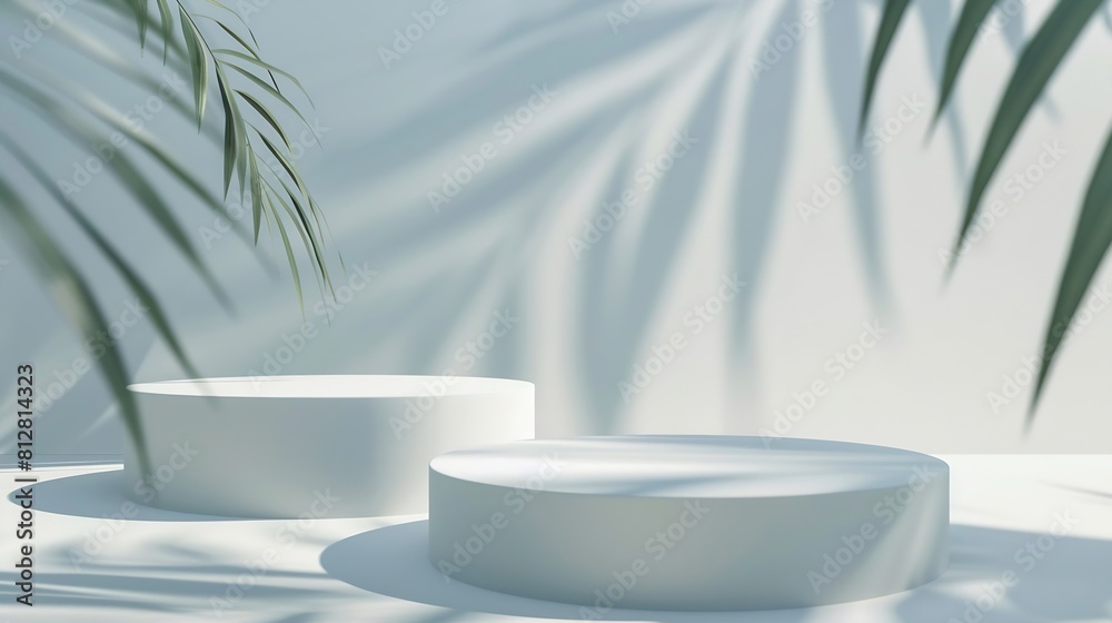 Poster White empty stands on light background with palm shadows overlay Abstract podium product display : Generative AI