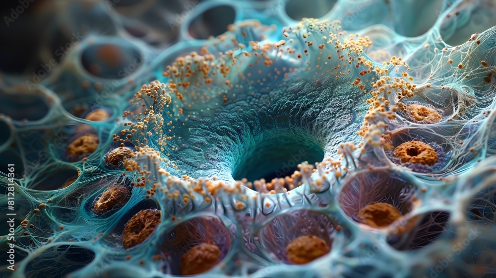 Poster intricate microscopy of vibrant animal cell structure revealing captivating organic patterns and dep
