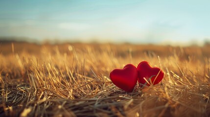 Fototapeta premium Two red hearts on a wheat field