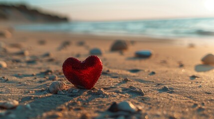 Fototapeta premium Red heart on the beach at sunset