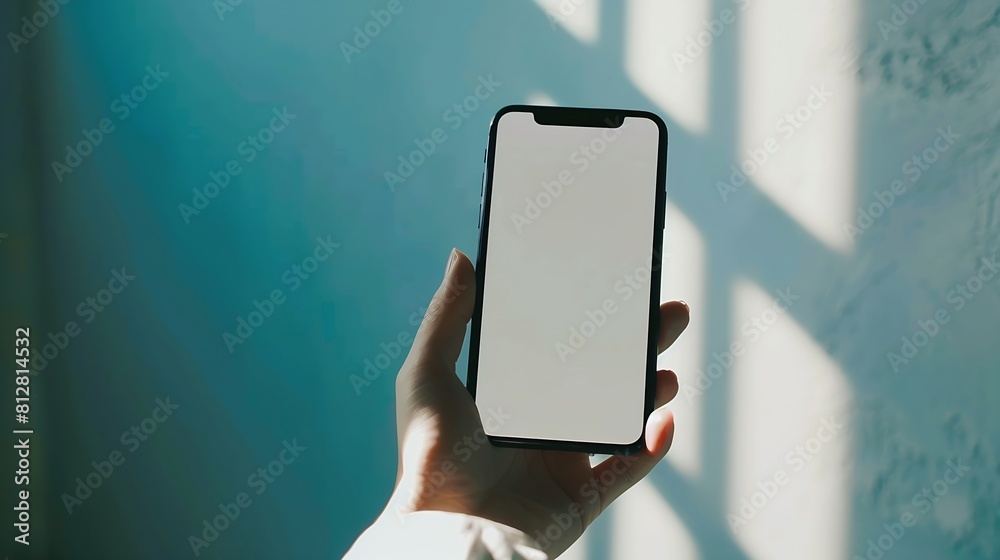 Poster phone in hand with social media app mockup on its screen : generative ai