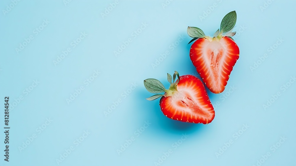 Poster creative layout made of two halfs of strawberry against pastel blue background copy space creative s