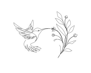 Continuous one line drawing of flying hummingbird with tropical flowers. Hummingbird is sucking the nectar out single outline vector design. Editable stroke.