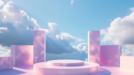 Surreal podium outdoor on blue sky soft white clouds with spaceBeauty cosmetic product placement pedestal present stand minimal displaysummer paradise dreamy concept : Generative AI