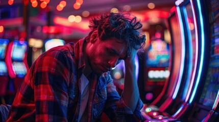 Fototapeta premium A man is sitting in front of a slot machine, he is holding his head in his hands. The background is blurry and there are multi-colored lights in the background.