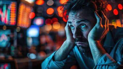 Fototapeta premium A man is sitting in a bar, holding his head in his hands. He looks stressed and upset. There are colorful lights in the background.