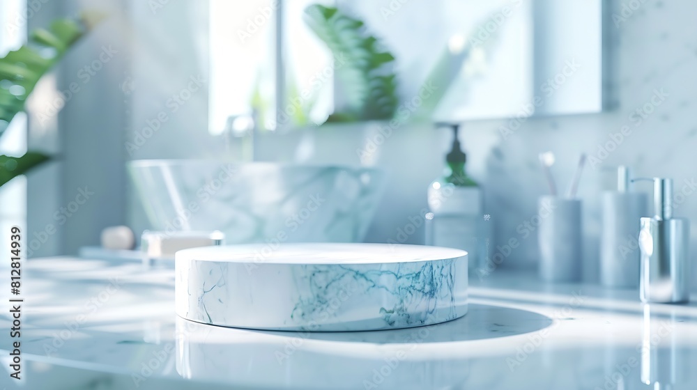 Poster marble podium for bathing product display on blurred bathroom background : generative ai