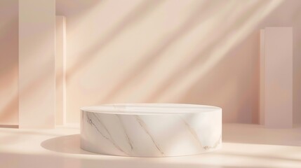 Empty white marble podium on pastel beige color background Minimal boxes and geometric podium Scene with geometrical forms Empty showcase for cosmetic product presentation Fashion maga : Generative AI