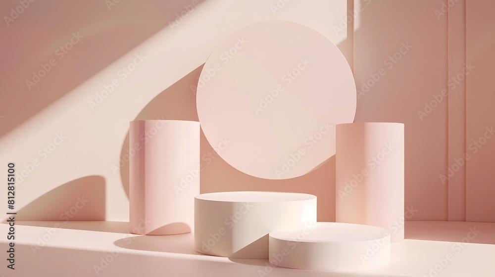Fototapete Abstract minimal scene with geometrical forms Cylinder podiums in cream pink colors Abstract background Scene to show cosmetic podructs Showcase display case 3d render : Generative AI