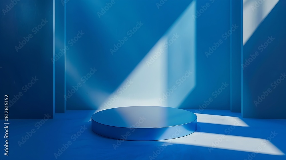 Aufkleber Blue background for product presentation with shadows and light Empty round podium Mockup : Generative AI