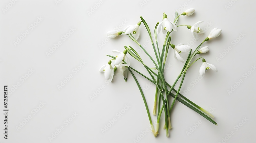Poster Snowdrop spring first flowers bouquet isolated on white background Hello spring Creative layout Top view flat lay Design element Springtime greeting card Easter holiday concept : Generative AI