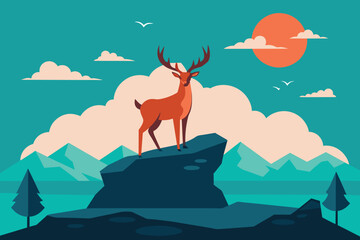 Deer standing on the rock looking at the landscape mountain island sea with sun and cloud along the flock of flying birds