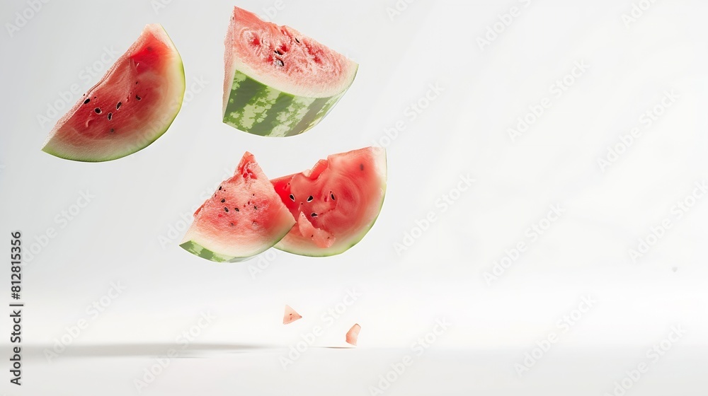 Poster Fresh raw watermelon falling in the air isolated on white background Food levitation or zero gravity conception igh resolution image : Generative AI