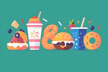 Assortment of Colorful and Trendy Food and Beverage in a Minimalist Flat Design Style