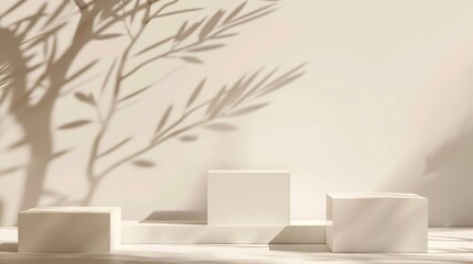 Abstract minimal nature scene  empty stage with three white rectangle podiums on beige background and shadows of pine tree Pedestal for cosmetic product and packaging mockups display p : Generative AI