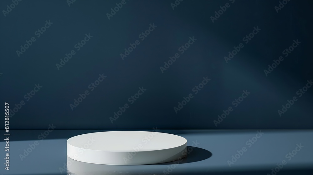 Poster empty white round podium and shadows on dark blue background showcase for product presentation pedes